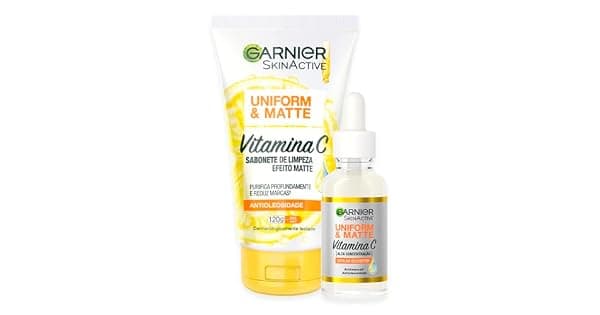 Garnier Uniform  Matte Kit Skincare Creme de Limpeza Facial Vitamina C 120g e Srum Booster Antimarcas 15ml Efeito Peeling Reduz Marcas e Oleosidade Pele Uniforme e Hidratada