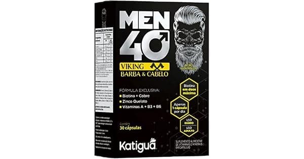 Katigu Men 40 Viking Barba e Cabelo Com Biotina  Cobre Zinco Quelato Vitamina A  B3  B6 Sem sabor Para Homens 30 Cpsulas rgidas  30 doses Preto
