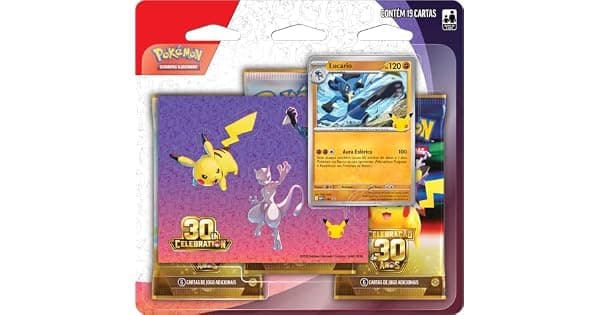 Pokmon TCG Celebrao de 30 anos  Blister Triplo com Adesivo Pokmon Lucario