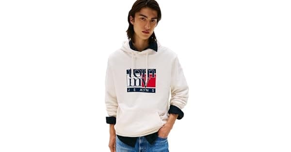 Tommy Jeans Moletom masculino com capuz de peso mdio com logotipo impresso da bandeira branco antigo